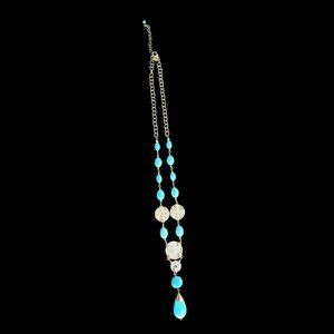 Chico's Statement Necklace Turquoise Color Beads & Spanish 5 PTAS Coin Charms